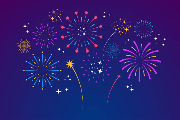 dekorative bunte feuerwerk explosionen isoliert auf dunklem hintergrund. silvesterfeuerwerk. festliche funken und explosionen. element für yor-design. vektor-illustration - new years stock-grafiken, -clipart, -cartoons und -symbole