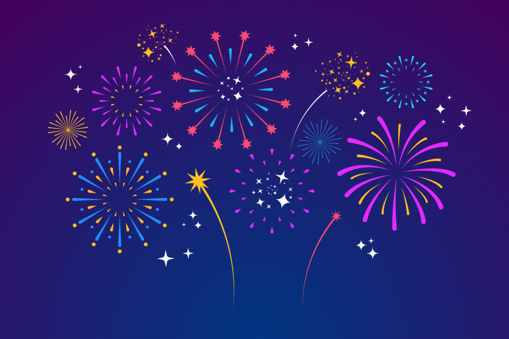 Decorative colorful fireworks explosions isolated on dark background. New Year's Eve fireworks. Festive sparks and explosions. Element for yor design. Vector illustration