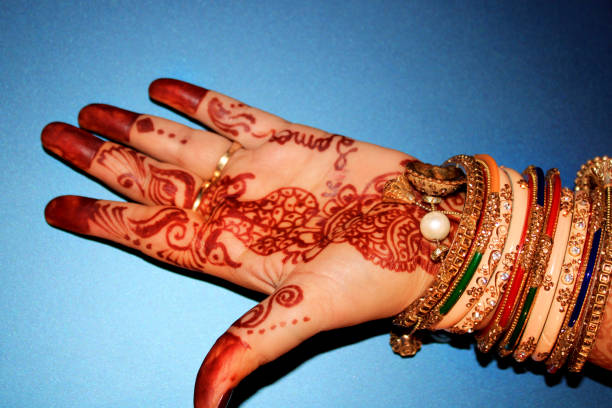 istock Female hands with mehandi design close up 1182883579