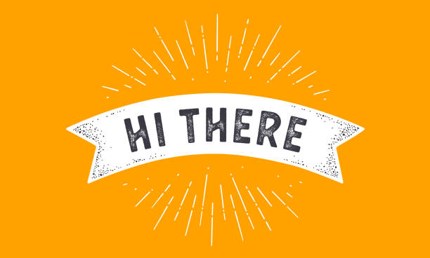 Flag Hi There. Old school flag banner with text Hi There, Hi, Hello. Ribbon flag in vintage style with linear drawing light rays, sunburst and rays of sun, text Hi. Vector Illustration