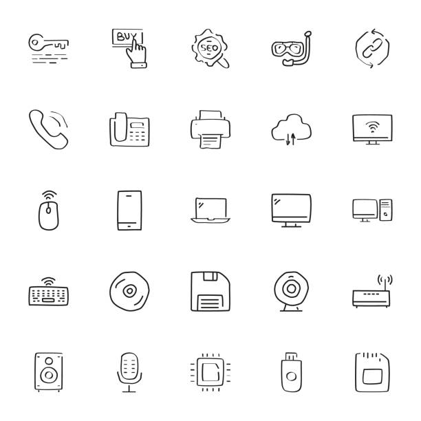 Hand Drawn Sketching Hand Drawn Sketching Style Set Editable Line Icons computer tower stock illustrations