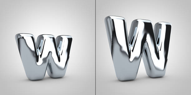Chrome alphabet letter W isolated on white background. 3D rendered glossy metal font.
