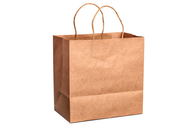saco de compra de papel recicl luxuoso isolado no branco - green consumerism bag paper bag - fotografias e filmes do acervo