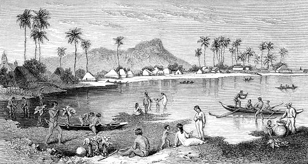 Honolulu et Diamond Head, dans les années 1860 - Illustration vectorielle