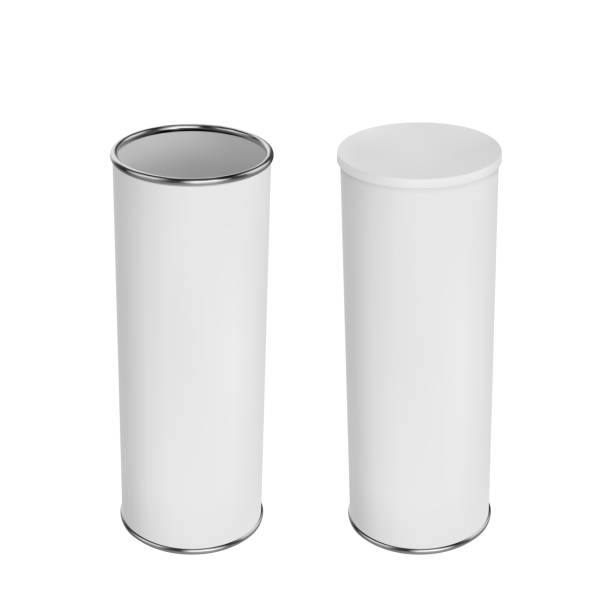istock Cylindrical package template for chips, tea or wine. Realistic vector mockup set of closed and opened cans. 1182890425