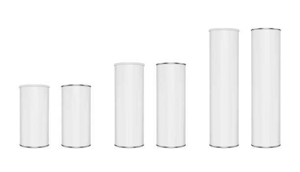 Cylindrical package for chips, tea or wine. Realistic vector mockup set of closed and opened cans. Cylindrical package for chips, tea or wine. Realistic vector mockup set of closed and opened cans white plastic tube stock illustrations