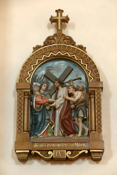 Jesus Christ meets His mother. Way of the Cross. IV. Church of St. Andrew. Domancy. Haute-Savoie. France.