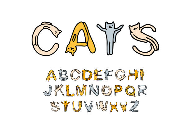 ilustrações de stock, clip art, desenhos animados e ícones de cats hand drawn vector font type in cartoon comic style with domestic animals - fur type