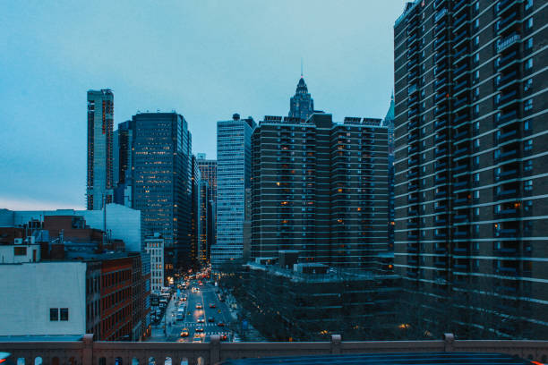 Buildings and streets of Manhattan, New York, in the sunset hour.