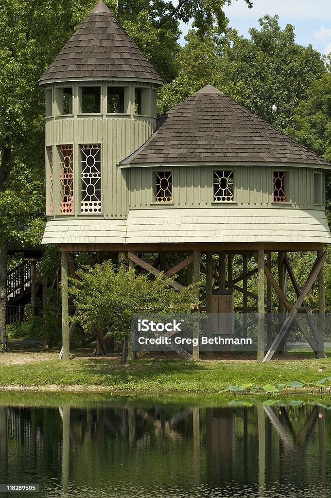 Treehouse over pond. Treehouse overlooking pond at Lewis Ginter Botanical Garden. Richmond Virginia Ornate Stock Photo