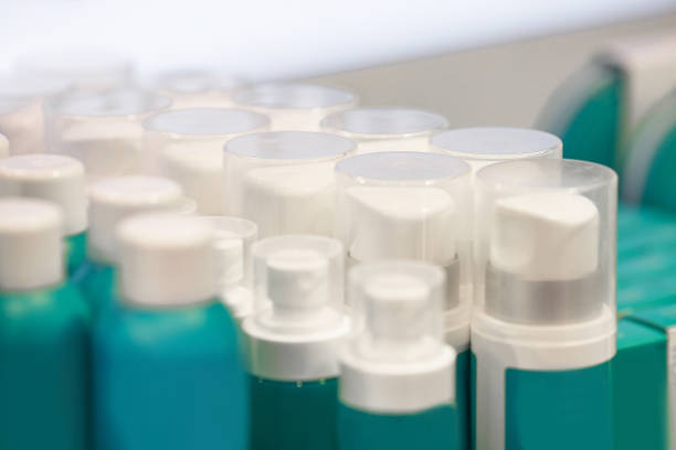 blue blank bottles with cosmetic products