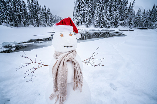View of snowman by the river in pine tree forest covered by snow in winter, Canada- Christmas holidays