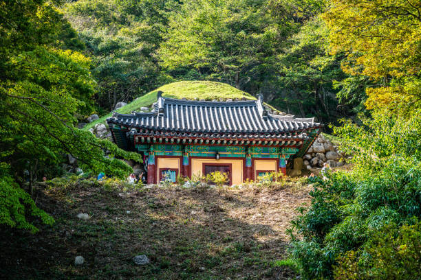 seokguram grotte extérieure vue d'un ermitage du complexe du temple de bulguksa à gyeongju corée du sud avec des couleurs automn - asia buddha buddhism carving photos et images de collection