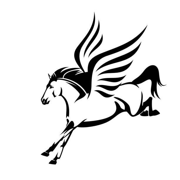 latający koń pegasus czarno-biały wektorowy design - mythology horse pegasus black and white stock illustrations