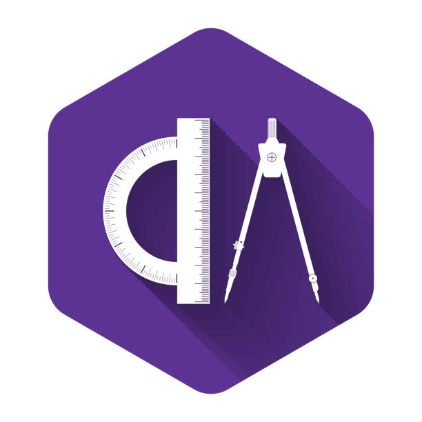 ilustrações, clipart, desenhos animados e ícones de ícone branco do compasso do transferidor e do desenho isolado com sombra longa. instrumento profissional do desenho. equipamento geométrico. sinal da instrução. tecla roxa do hexágono. ilustração do vetor - drawing compass protractor architecture caliper