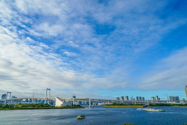 skyline von tokio von odaiba aus gesehen - cirrocumulus stock-fotos und bilder