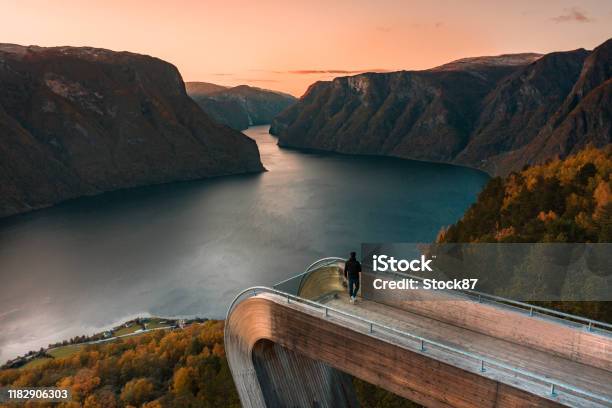 A Tourist Views Aurlandsfjord From The Stegastein Lookout In Norway At Sunset Stock Photo - Download Image Now