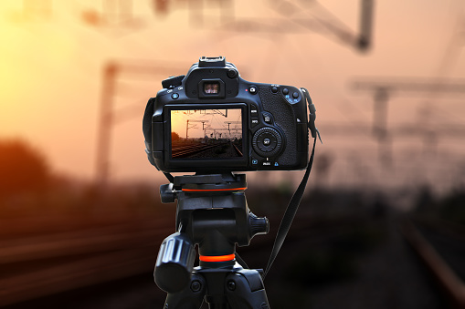 Railroad track during sunset