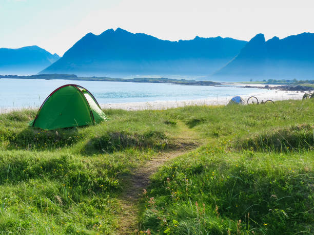 istock Seascape with tent on beach, Lofoten Norway 1182909215