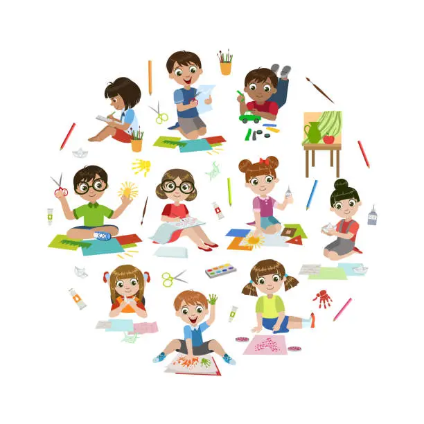 Vector illustration of Creative Kids Painting, Modelling from Plasticine, Cutting with Scssors, Children Education and Development in the Round Shape Vector Illustration