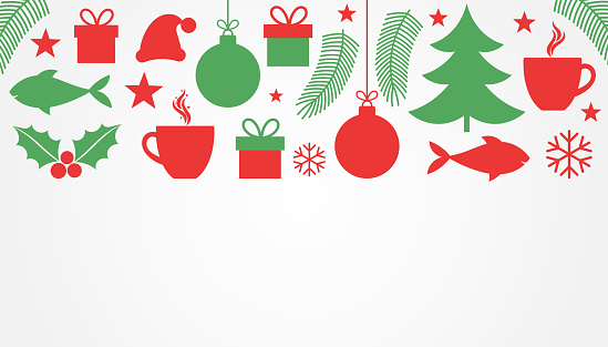 Christmas symbols, red and green card background. Vector illustration.