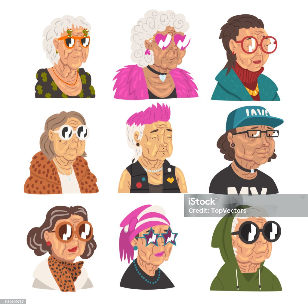 зрелые волосатые Мода Серые Волосатые Пожилые Женщины Набор Старая Леди Символов Носить Модную Одежду Вектор Иллюстрация — стоковая векторная графика и другие изображения на тему Бабушка - iStock