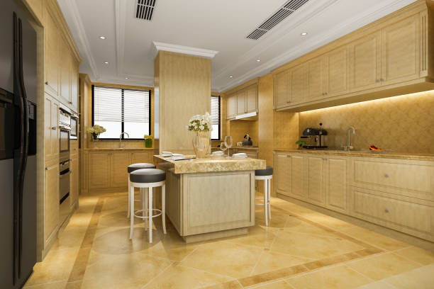 istock 3d rendering scandinavian vintage modern kitchen with dining area 1182910055