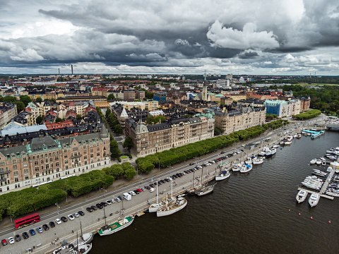 Aerial view of Strandvägen boulevard in Östermalm district, Stockholm, Sweden