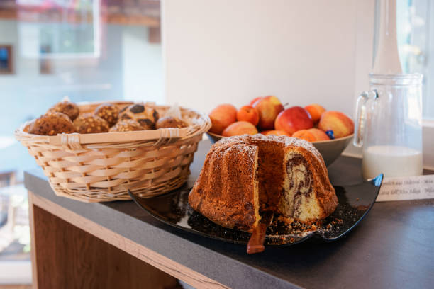 istock Sweet cake pastry bread buns apples ans milk 1182911697