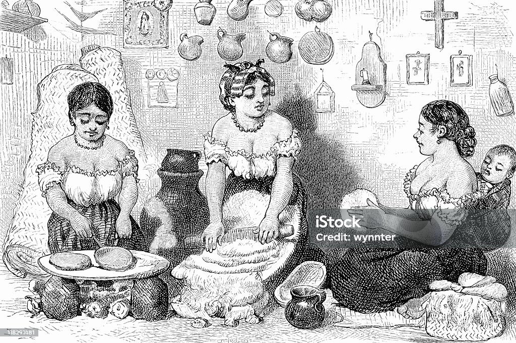 Três tortilhas Latina mulheres fazer no México, por volta de 1800. - Ilustração de México royalty-free