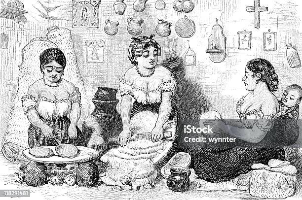 Vetores de Três Tortilhas Latina Mulheres Fazer No México Por Volta De 1800 e mais imagens de México