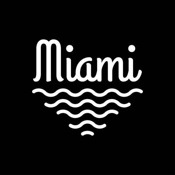 illustrazioni stock, clip art, cartoni animati e icone di tendenza di logo di miami. bandiera della spiaggia di miami con mare o oceano. design tipografico t-shirt. grafica di abbigliamento. illustrazione vettoriale. - 6726