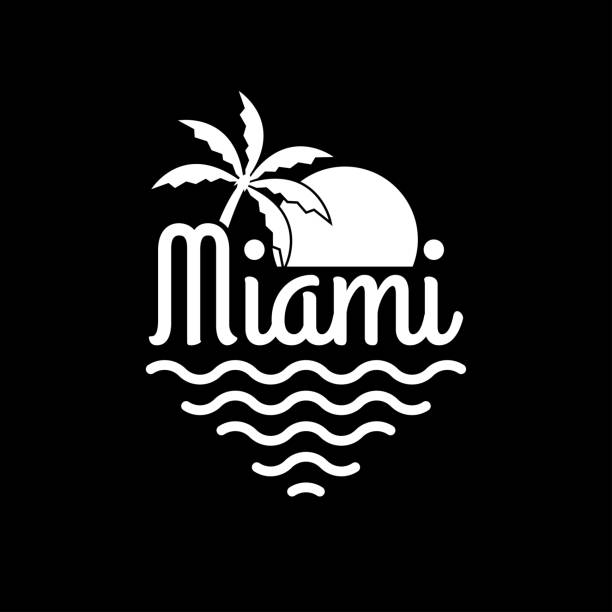 ilustraciones, imágenes clip art, dibujos animados e iconos de stock de logotipo de miami. bandera de la playa de miami con palma, sol y mar. diseño tipográfico de camiseta. gráfico de ropa. ilustración vectorial. - letter t tree typescript alphabet