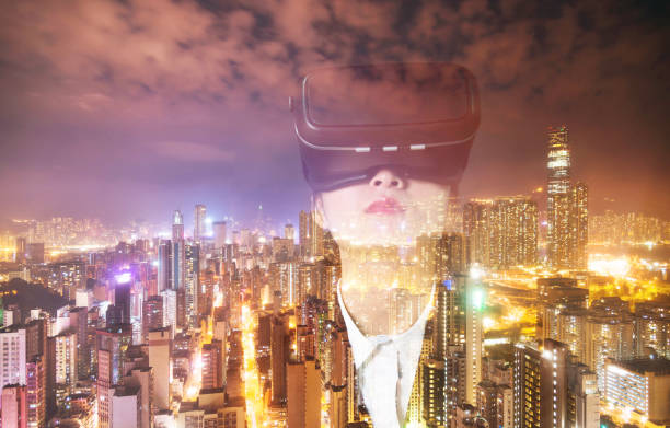istock Multiple exposure of businesswoman using the virtual reality simulator 1182917723