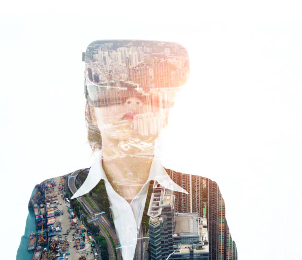 istock Multiple exposure of businesswoman using the virtual reality simulator 1182917741