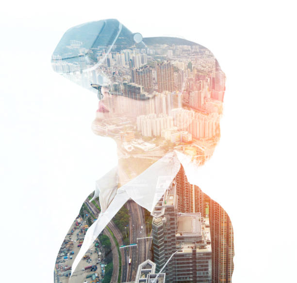istock Multiple exposure of businesswoman using the virtual reality simulator 1182920127