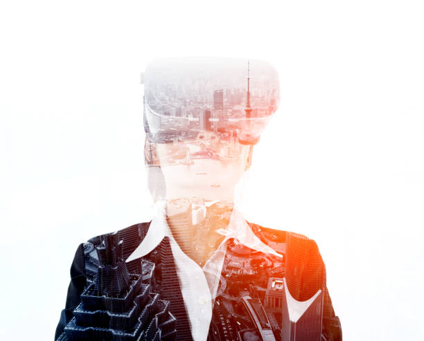 istock Multiple exposure of businesswoman using the virtual reality simulator 1182921125