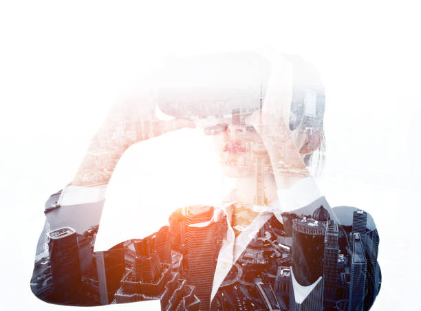 istock Multiple exposure of businesswoman using the virtual reality simulator 1182921792
