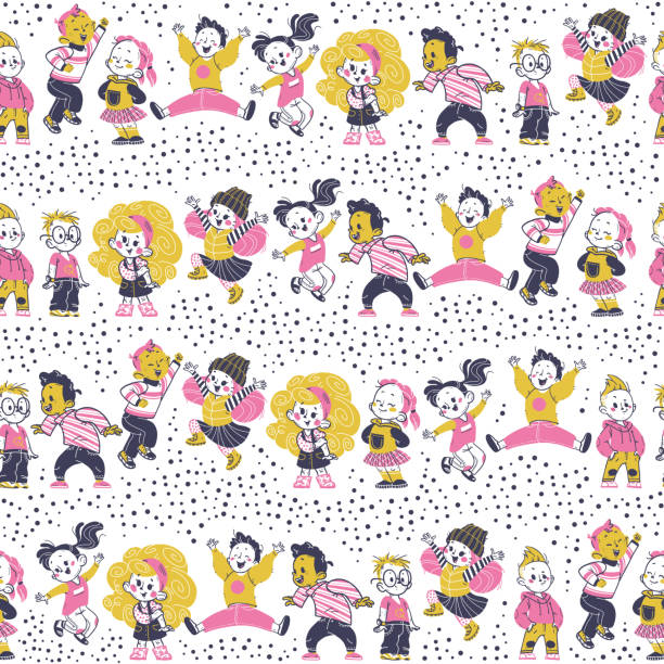 ilustraciones, imágenes clip art, dibujos animados e iconos de stock de diseño de patrón sin costuras con niños felices multiétnicos dibujados a mano sonriendo, saltando aislados. - asian ethnicity pattern textile seamless