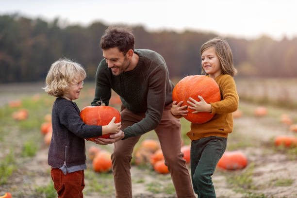 father and sons in pumpkin patch field - picking up imagens e fotografias de stock