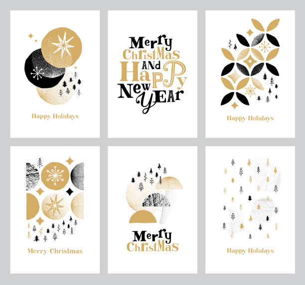 Happy holidays cards collection Set of creative Christmas Holidays greeting cards. Hand drawn geometric shapes with textures.
Fully editable vector. christmas card illustrations stock illustrations