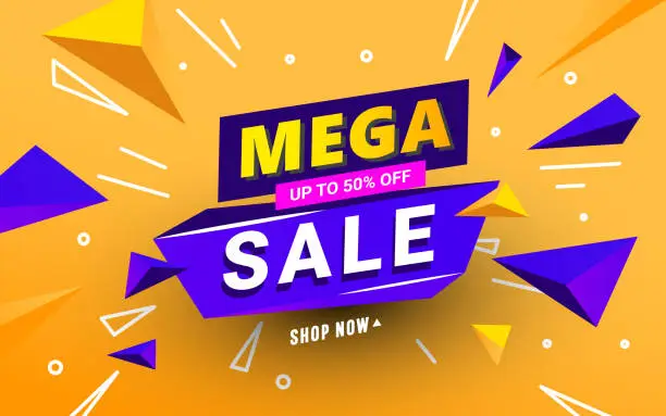 Vector illustration of Mega sale banner template with polygonal 3D shapes and text for special offers, sales and discounts. Promotion and shopping template for Black Friday 50 off