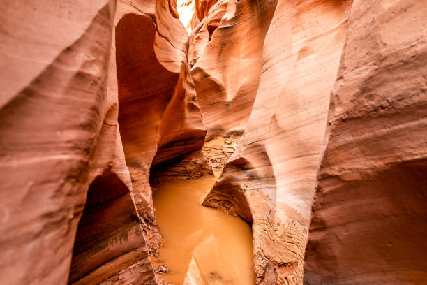 las formaciones abstractas de arenisca de onda naranja ven las rocas y la piscina de agua sucia fangosa en el estrecho cañón de ranura del antílope en arizona en la ruta del camino desde el lago powell - lower antelope canyon flash fotografías e imágenes de stock