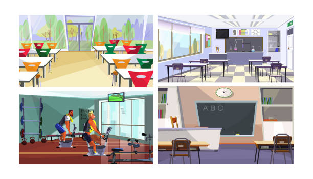 현대 학교 또는 대학 공간 벡터 일러스트 세트 - presentation poster student classroom stock illustrations