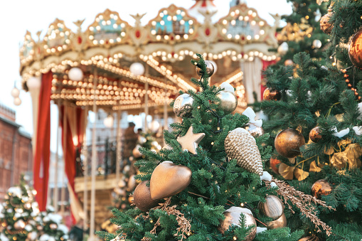 Moscow, Russia, January 11, 2019: Merry-go-round on christmas fair