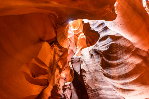 low wide angle view of shadows and light at upper antelope slot canyon with wave shape abstract formations of red orange rock layers sandstone in page, arizona - 16705 imagens e fotografias de stock