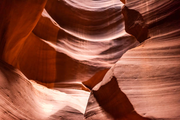 abstract closeup view of shadows and light at upper antelope slot canyon with wave shape formations of red rock layers sandstone in page, arizona - 16710 imagens e fotografias de stock