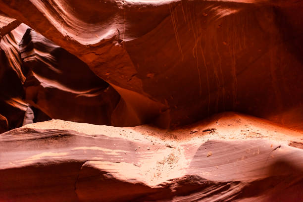 アリゾナ州ペイジの上部アンテロープスロットキャニオン砂岩の影と光を持つ岩の砂の抽象的なクローズアップビュー - 16711 ストックフォトと画像