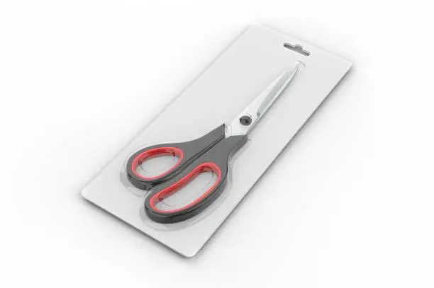Blank Heat seal plastic scissors packaging for branding. 3d illustration.