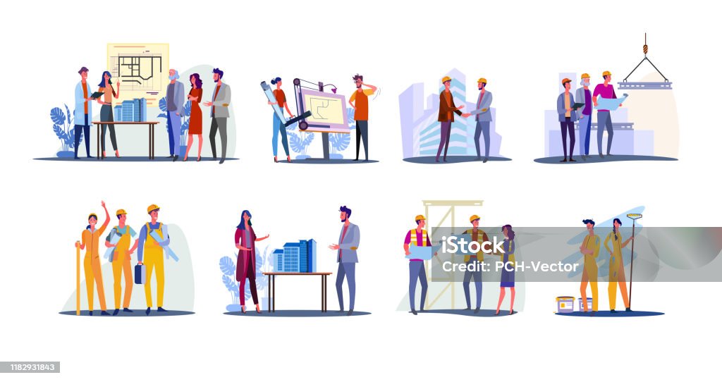 Real estate development set Real estate development set. Architects working on building design, foreman and engineer shaking hand. Flat vector illustrations. Construction concept for banner, website design or landing web page Construction Industry stock vector